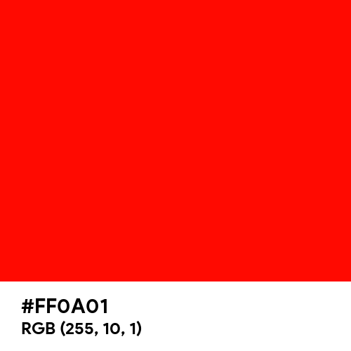 Brightest Red (Hex code: FF0A01) Thumbnail