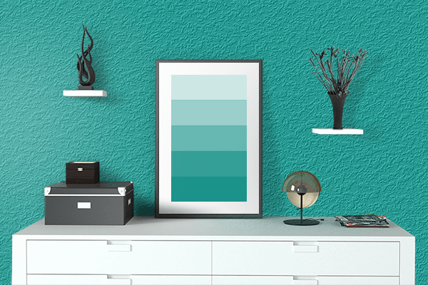 Pretty Photo frame on Tyrolite Blue-green color drawing room interior textured wall