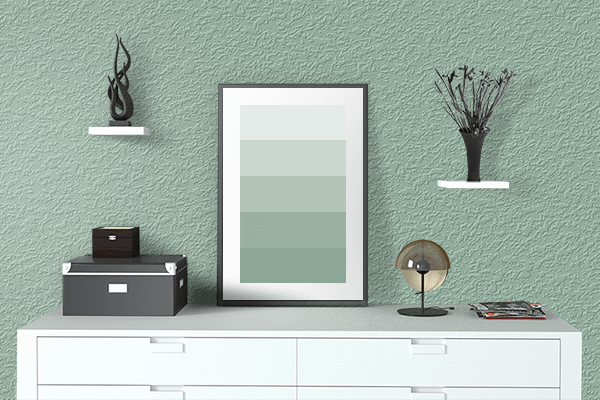 Pretty Photo frame on Grayed Jade color drawing room interior textured wall
