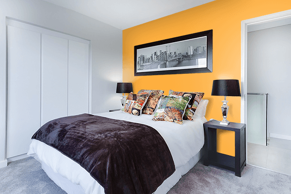 Pretty Photo frame on Happy Orange color Bedroom interior wall color
