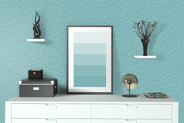 Pretty Photo frame on Aqua Splash color drawing room interior textured wall