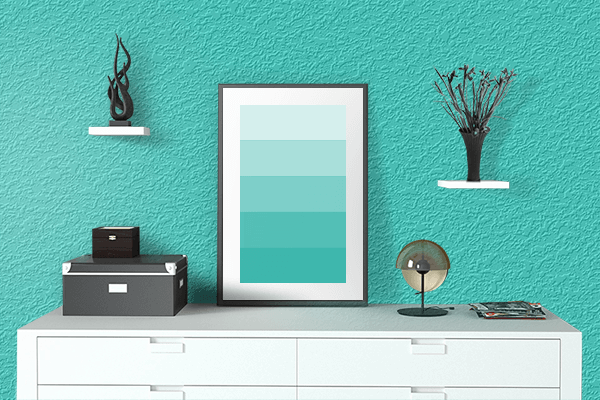 Pretty Photo frame on Turquoise (PWG) color drawing room interior textured wall