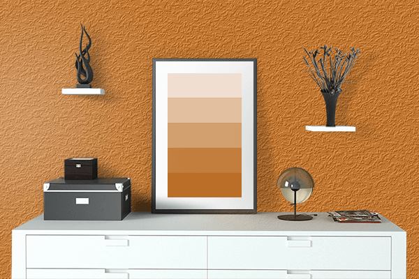 Pretty Photo frame on Gold Orange color drawing room interior textured wall