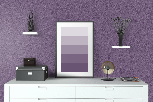 Pretty Photo frame on Patrician Purple color drawing room interior textured wall