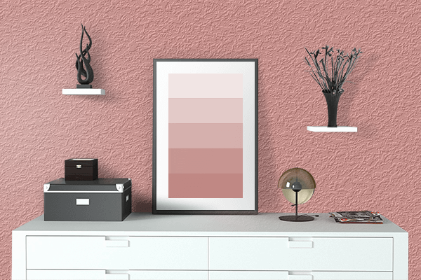 Pretty Photo frame on Salmon Pink Red color drawing room interior textured wall