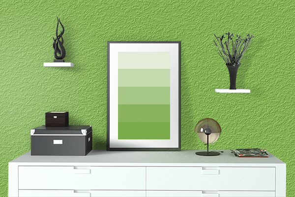 Pretty Photo frame on Wild Lime color drawing room interior textured wall
