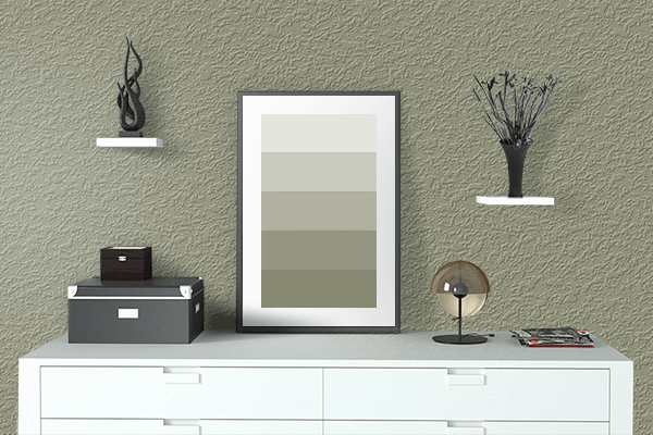 Pretty Photo frame on Dusty Olive color drawing room interior textured wall