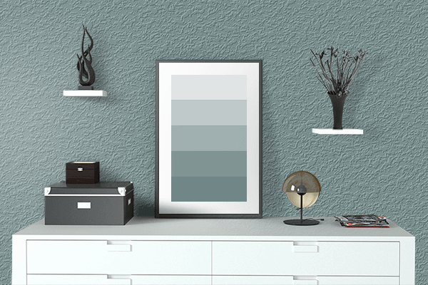 Pretty Photo frame on Dusty Teal color drawing room interior textured wall