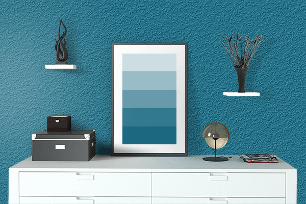 Pretty Photo frame on Techno Blue color drawing room interior textured wall