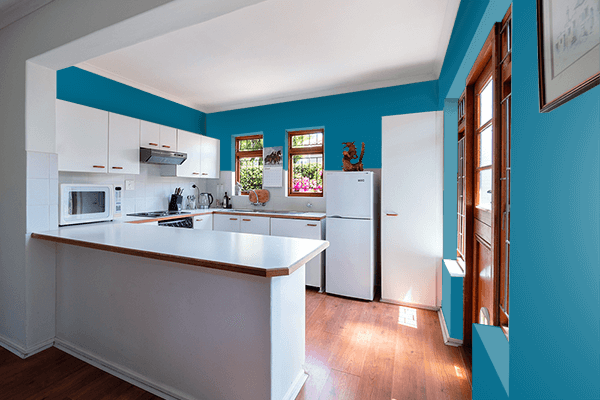 Pretty Photo frame on Techno Blue color kitchen interior wall color