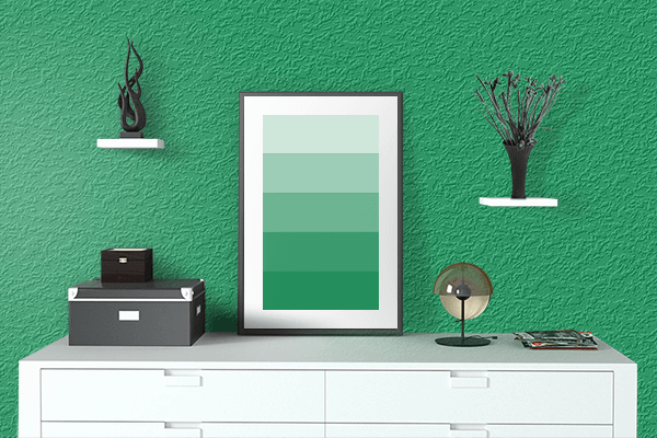 Pretty Photo frame on Lucky Green color drawing room interior textured wall