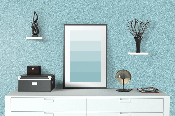 Pretty Photo frame on Dusty Aqua color drawing room interior textured wall