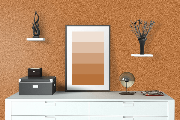 Pretty Photo frame on Bitter Orange color drawing room interior textured wall
