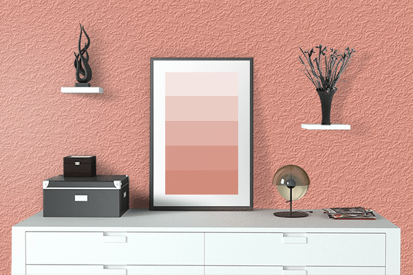 Pretty Photo frame on Peach Pink color drawing room interior textured wall