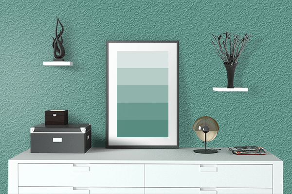 Pretty Photo frame on Petrol Green color drawing room interior textured wall