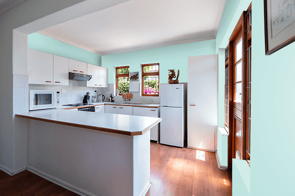 Pretty Photo frame on Bleached Aqua color kitchen interior wall color
