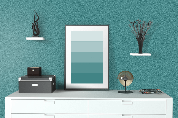 Pretty Photo frame on Real Teal color drawing room interior textured wall