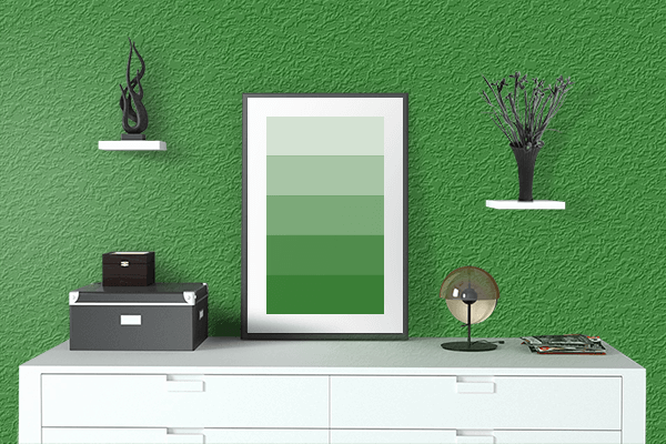 Pretty Photo frame on Temperamental Green color drawing room interior textured wall