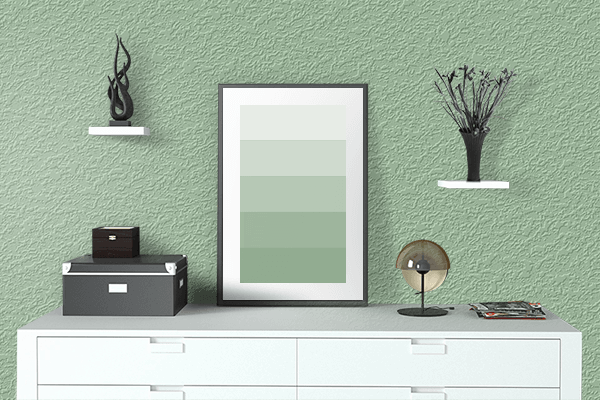 Pretty Photo frame on Serene Green color drawing room interior textured wall