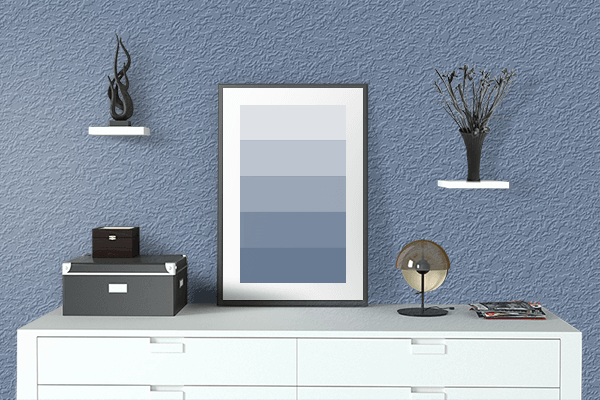 Pretty Photo frame on Heather Blue color drawing room interior textured wall