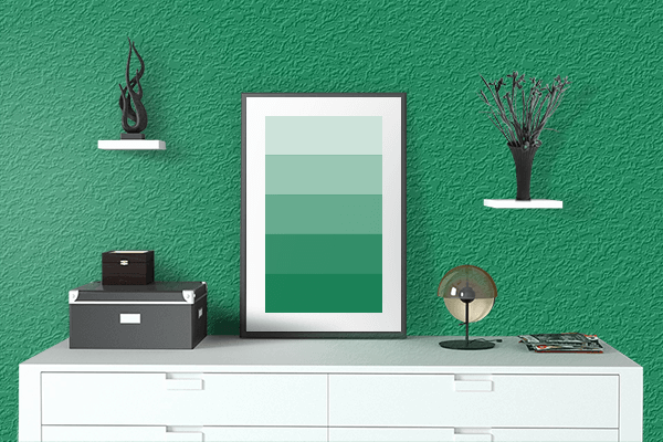 Pretty Photo frame on Iceland Green color drawing room interior textured wall