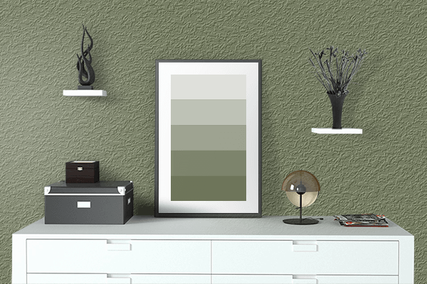 Pretty Photo frame on Parrot Green color drawing room interior textured wall