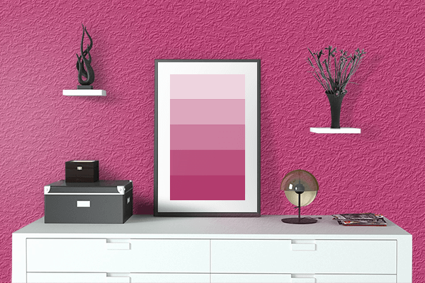 Pretty Photo frame on Beetroot Purple color drawing room interior textured wall