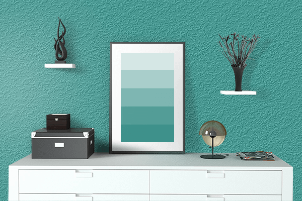 Pretty Photo frame on Bright Aqua (Pantone) color drawing room interior textured wall