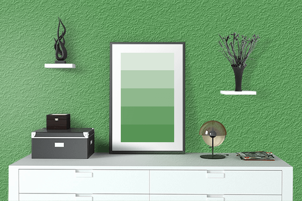 Pretty Photo frame on Traditional Green color drawing room interior textured wall