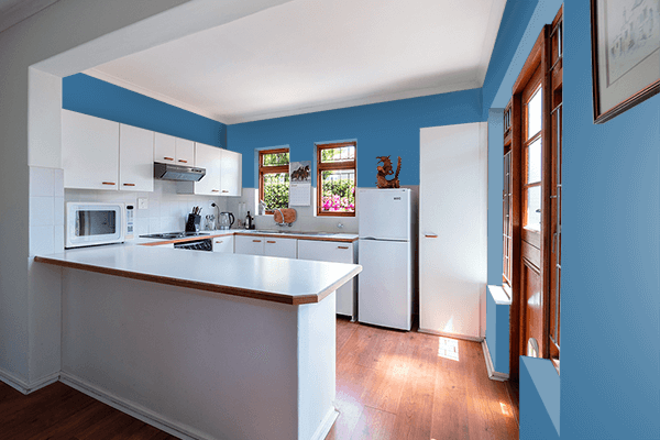 Pretty Photo frame on Island Blue color kitchen interior wall color