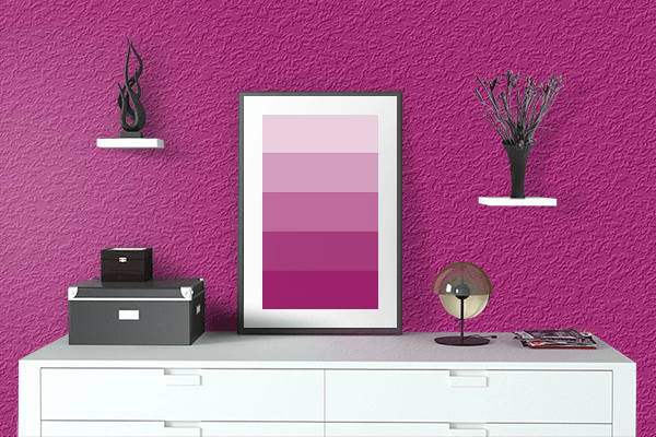 Pretty Photo frame on Flamboyant Pink color drawing room interior textured wall