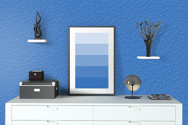 Pretty Photo frame on Lagoon Blue color drawing room interior textured wall