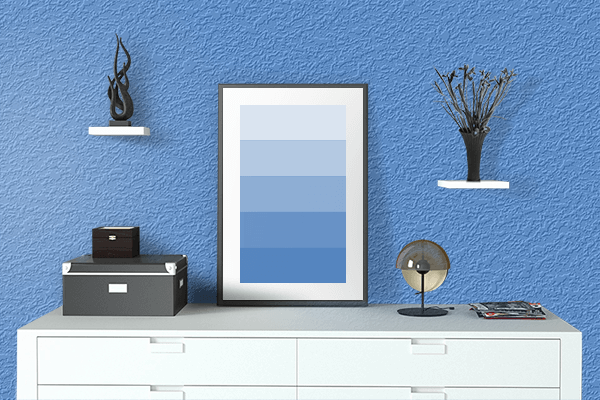 Pretty Photo frame on Comfort Lagoon Blue color drawing room interior textured wall
