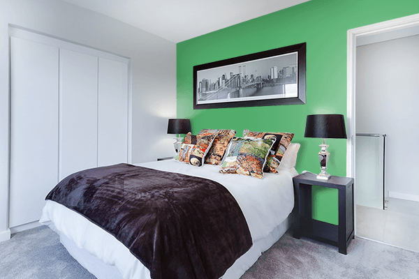 Pretty Photo frame on Comfort Emerald color Bedroom interior wall color