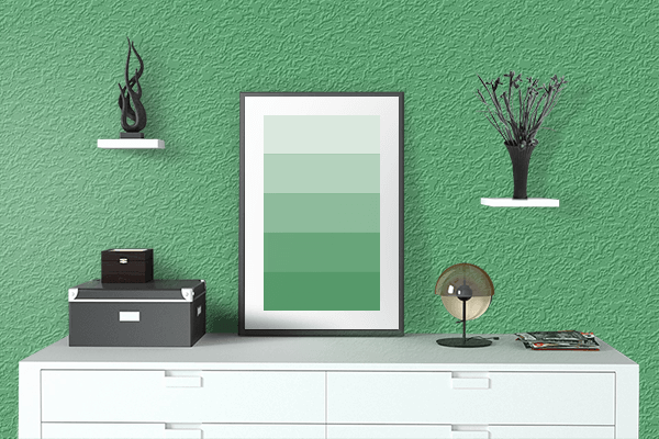 Pretty Photo frame on Comfort Emerald color drawing room interior textured wall