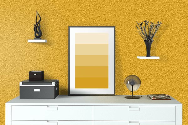 Pretty Photo frame on Fire Yellow (RAL Design) color drawing room interior textured wall