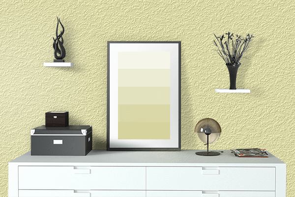Pretty Photo frame on Yellow Hint color drawing room interior textured wall