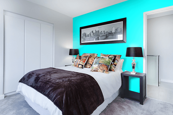 Pretty Photo frame on Full Cyan color Bedroom interior wall color