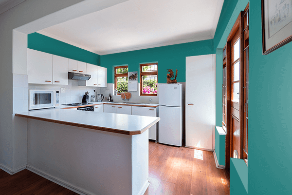 Pretty Photo frame on Solid Teal color kitchen interior wall color
