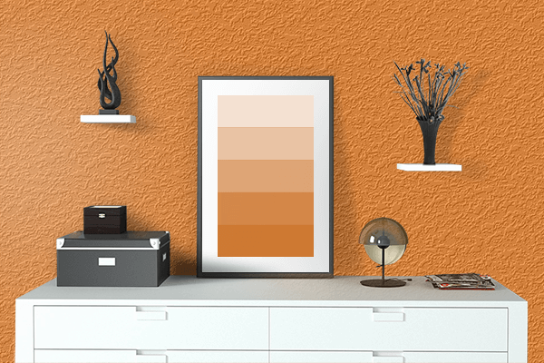 Pretty Photo frame on Orange Passion color drawing room interior textured wall