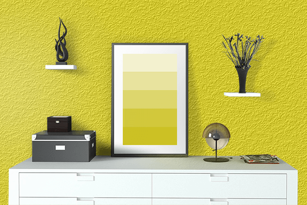 Pretty Photo frame on Basic Yellow color drawing room interior textured wall