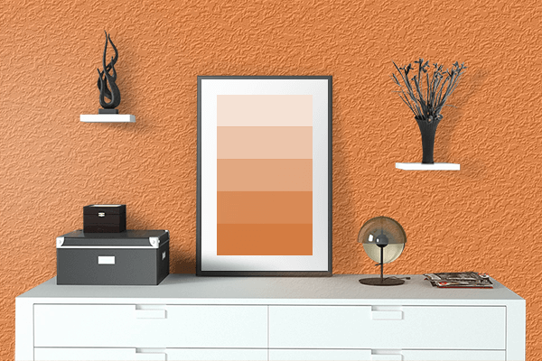 Pretty Photo frame on Coral Orange color drawing room interior textured wall