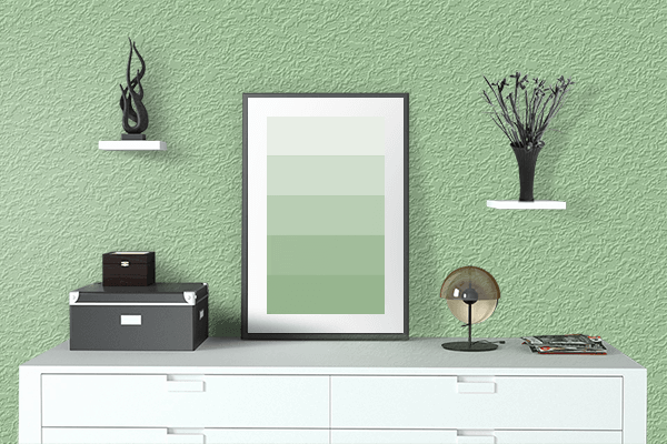 Pretty Photo frame on Pistachio Green color drawing room interior textured wall