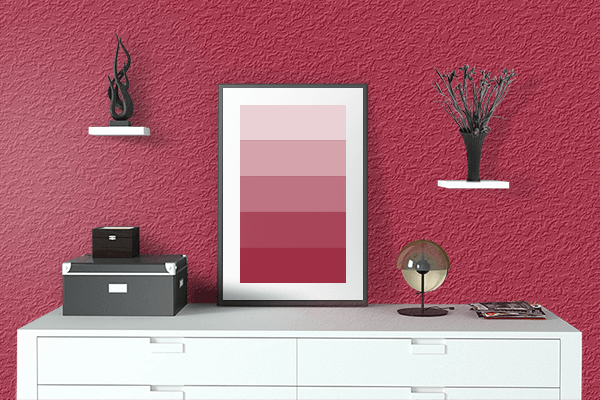 Pretty Photo frame on Lipstick Red color drawing room interior textured wall