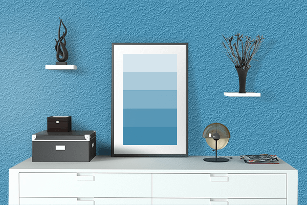 Pretty Photo frame on Stratos Blue color drawing room interior textured wall