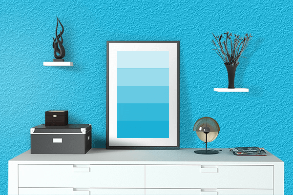 Pretty Photo frame on Vivid Sky Blue color drawing room interior textured wall