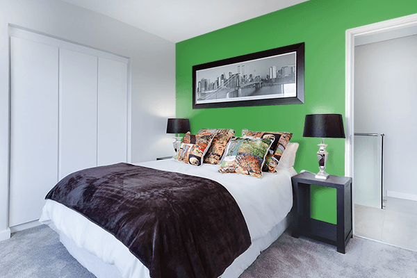 Pretty Photo frame on Matte Green color Bedroom interior wall color