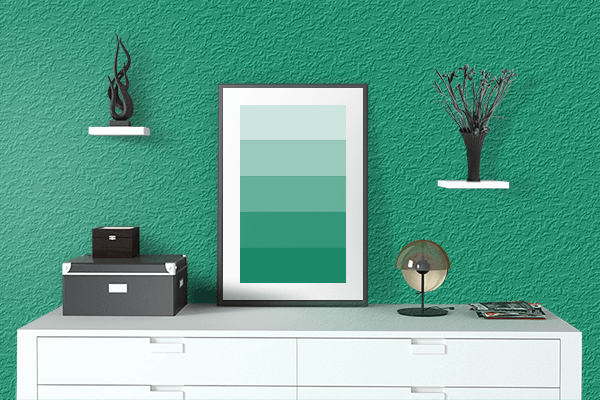 Pretty Photo frame on Permanent Green color drawing room interior textured wall