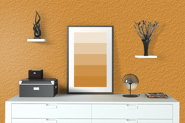 Pretty Photo frame on Carrot Orange color drawing room interior textured wall