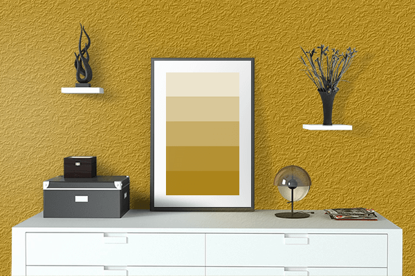 Pretty Photo frame on Honey Yellow color drawing room interior textured wall